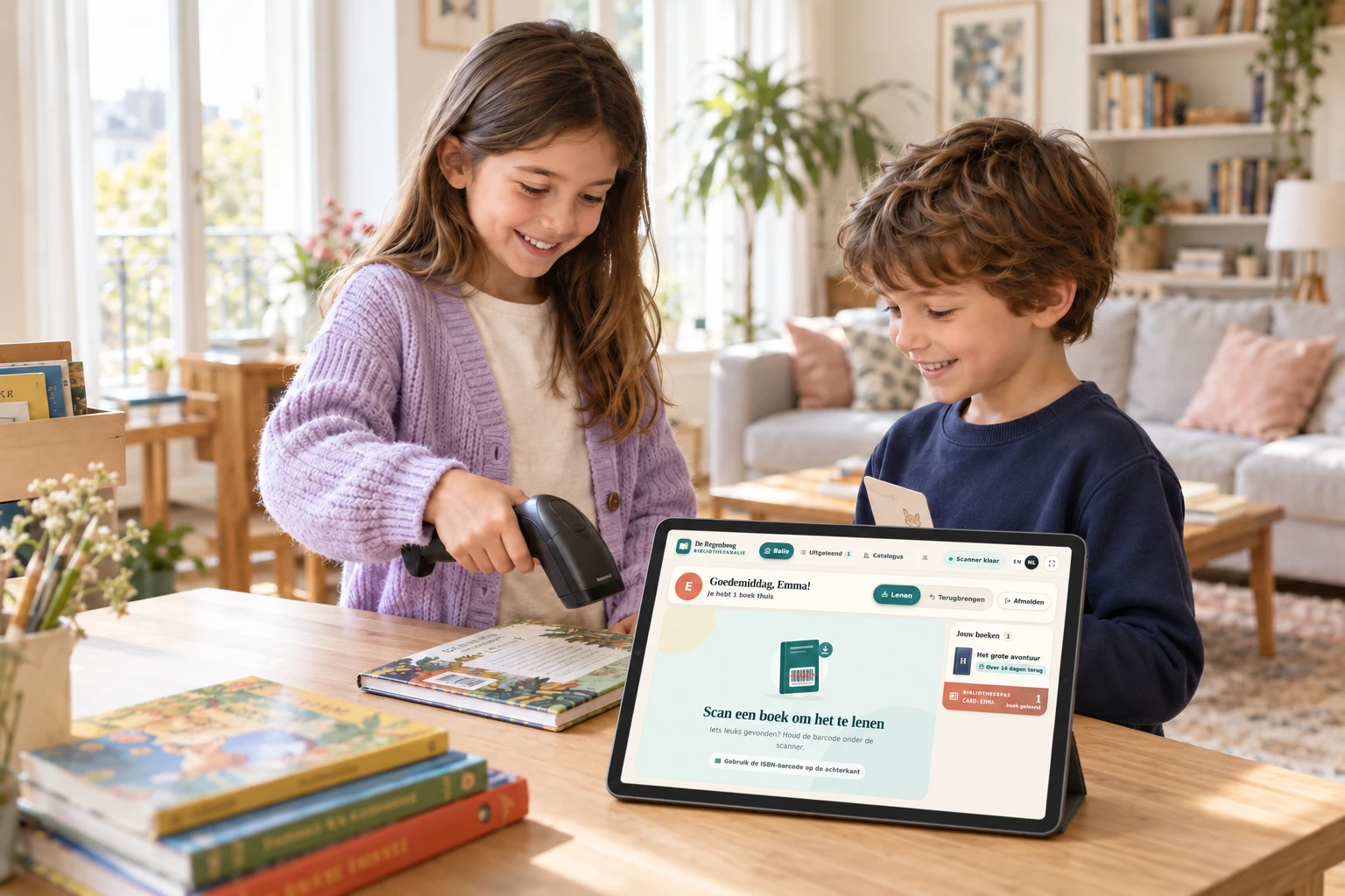 Een meisje van negen in lila en haar broertje van zeven in donkerblauw spelen bibliotheek. Op de tablet is de Bibliotheek-app duidelijk te zien terwijl zij een boek scant.